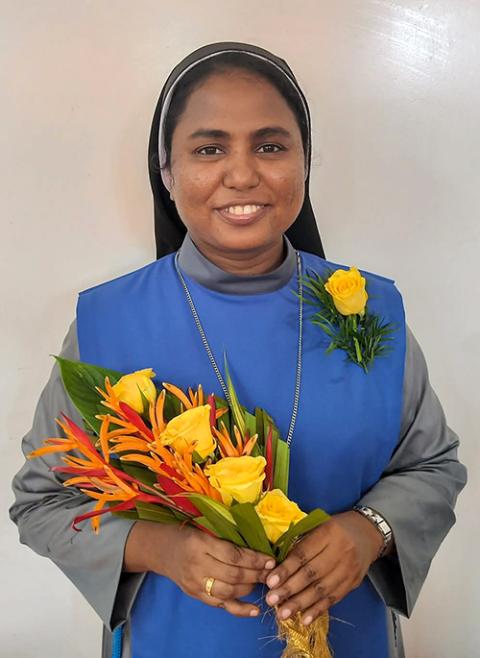 Sr. Jomol Kreupasanam at Kreupasanam Religio-Socio-Cultural Centre, Alleppey, Kerala, India, after her first profession on Nov. 25, 2025 (Courtesy of Jomol Kreupasanam)