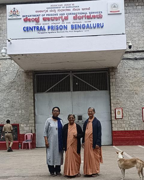 From left: Charity of Nazareth Sr. Blanch Correa and Bambina Srs. Adele Korah and Angeline Lobo visit the central prison in Bengaluru, southern India. (Courtesy of Sr. Adele Korah)