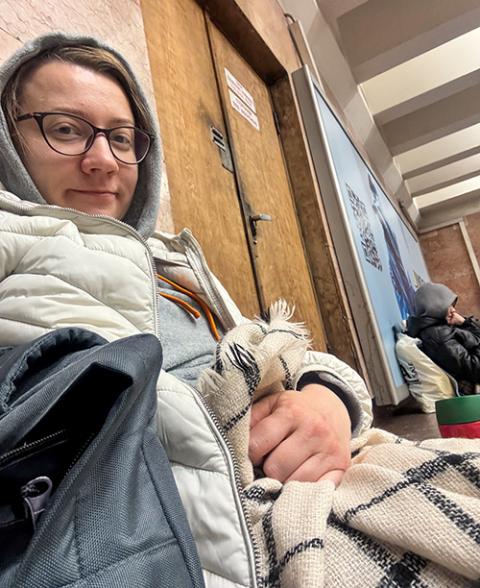Sr. Olga Shapoval hides in a subway station in Kyiv, Ukraine, during a nighttime missile attack. (Courtesy of Olga Shapoval)