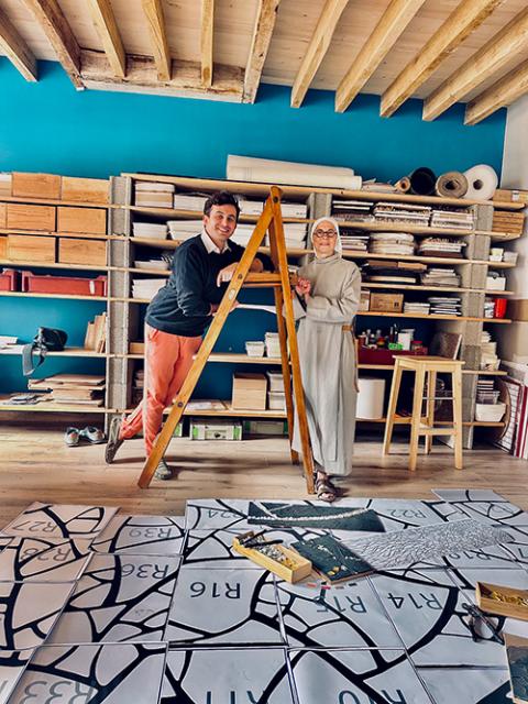 Quentin Delcourt and Sister Samuelle in her workshop in France (Courtesy of "Rebirth: The Tesserae Symphony") 