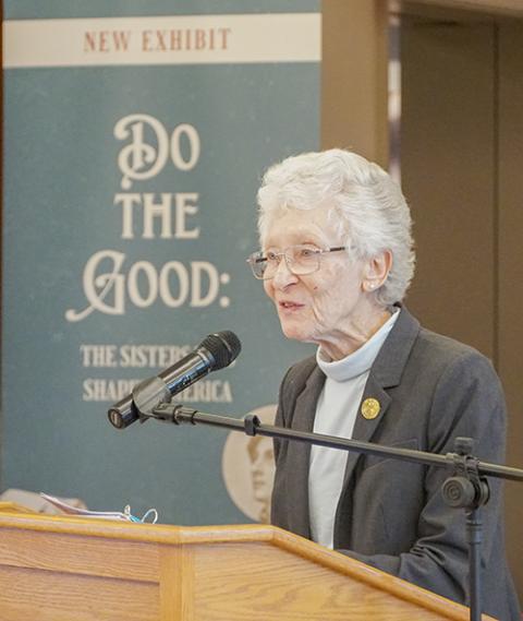 Sr. Regina Bechtle of the Sisters of Charity of New York delivers remarks at the opening of "Do the Good: The Sisters Who Shaped America." (Courtesy of the National Shrine of St. Elizabeth Ann Seton)