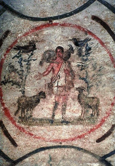 A detail of the "Good Shepherd" fresco, dated to the second half of the 3rd century and located on the ceiling of the "Velatio" cubicle in the catacomb of Priscilla, in Rome. (OSV News/Wikimedia Commons, public domain)