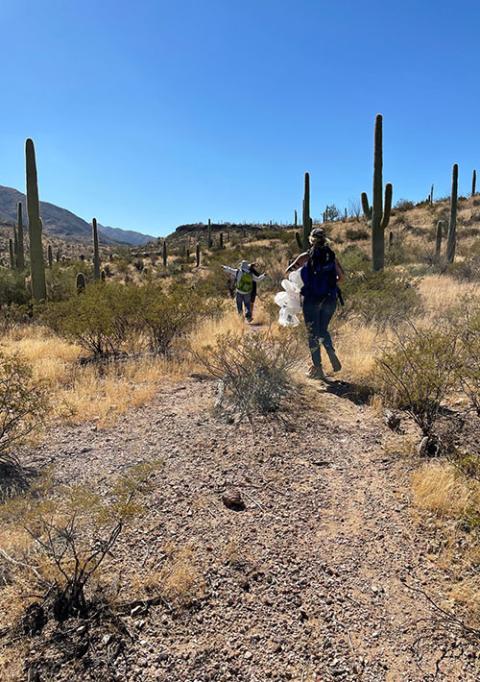 After dropping off water on a migrant trail in the Sonoran Desert, volunteers walk back to their vehicles with empty water bottles in October 2021. (Peter Tran)