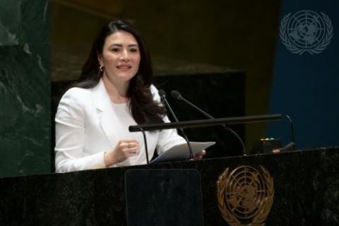 Maritza Chan Valverde: Maritza Chan Valverde, deputy permanent representative of Costa Rica to the United Nations, introduces a resolution on "the human right to a clean, healthy and sustainable environment" to the U.N. General Assembly on July 28.