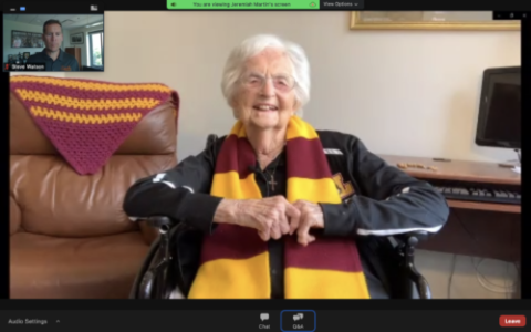 A screenshot of the virtual 102nd birthday celebration that Loyola University Chicago threw Aug. 21 for Sr. Jean Dolores Schmidt, a Sister of the Charity of Blessed Virgin Mary and the chaplain for the university's men's basketball team (Courtesy of Jill 
