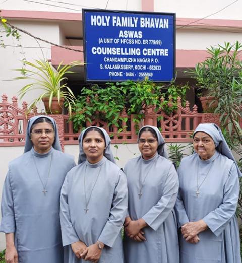 From left: Sr. Marietta Pulickal, who was provincial of the Congregation of the Holy Family when Aswas began; Sr. Therese Maria, superior of the convent; Sr. Christeena Parokkaran; and Sr. Daya Mathew, the present community at Aswas