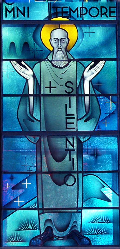 Photos of stained-glass windows in the choir chapel of Mount St. Scholastica Monastery, where the in-person portion of the colloquium "Benedictine Life: A Vision Unfolding" was held. (Courtesy of Mount St. Scholastica Monastery, Atchison, Kansas) Photos of stained-glass windows in the choir chapel of Mount St. Scholastica Monastery, where the in-person portion of the colloquium "Benedictine Life: A Vision Unfolding" was held. (Courtesy of Mount St. Scholastica Monastery, Atchison, Kansas)