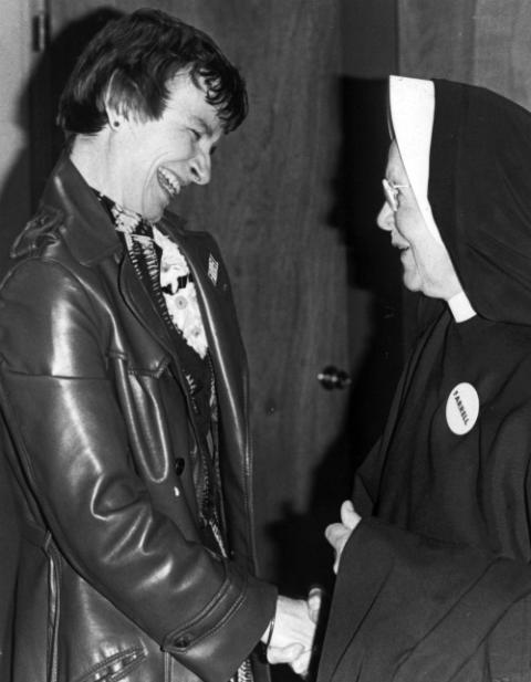 Sr. Carolyn Farrell, left, greets a supporter on election night in November 1977, when Farrell was elected to the City Council of Dubuque, Iowa. (Courtesy of the Sisters of Charity of the Blessed Virgin Mary)