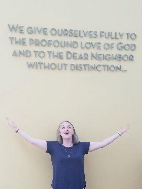 Sr. Colleen Gibson in the Chapel of Unity and Reconciliation at Christ Cathedral, Orange, California, dedicated to the Sisters of St. Joseph and inscribed with words from a foundational piece of the CSSJ charism and spirituality.