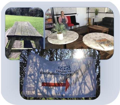 An empty picnic table; a woman sitting in an empty cafe; a sign from National Health Service pointing toward COVID-19 vaccination site