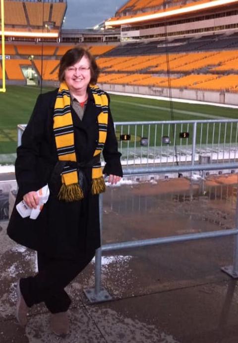 Benedictine Sr. Sue Fazzini at Heinz Field in Pittsburgh, Pennsylvania, home of the NFL Pittsburgh Steelers. Fazzini is a dedicated Steelers fan. (Provided photo)