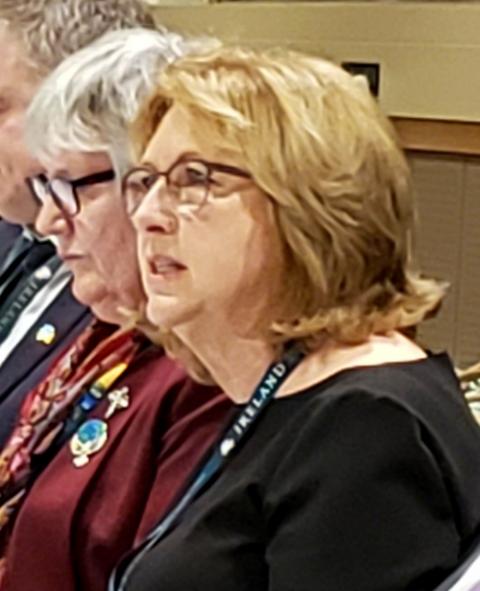 Mary McAleese, former president of Ireland, speaks at a Feb. 11 panel discussion on family homelessness at the United Nations sponsored by UNANIMA International. To her right is Sr. Winifred Doherty. (GSR photo / Chris Herlinger)