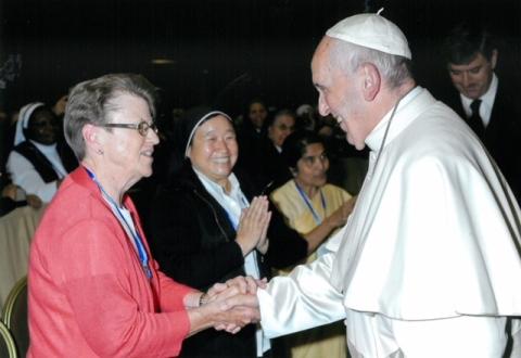 Sr. Jane Herb meets Pope Francis in 2013, when she was a delegate for the International Union of Superiors General. (Courtesy of Jane Herb)