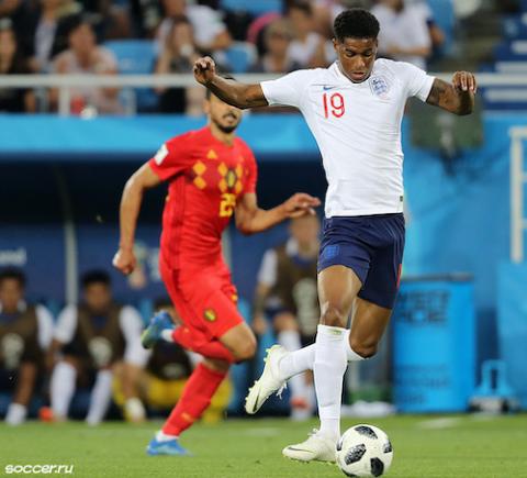 Marcus Rashford on England's football team plays against Belgium at the 2018 FIFA World Cup, June 28, 2018. (Wikimedia Commons/Soccer.ru/Kirill Venediktov)