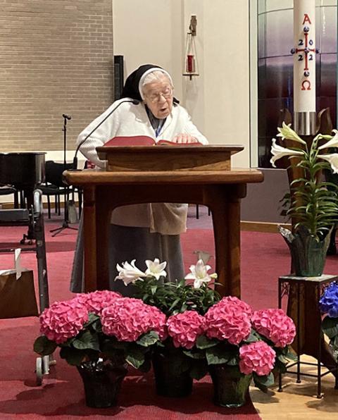 Notre Dame Sr. Marian Coughlin, 93, reads at Mass once a month. (Kathleen Glavich)
