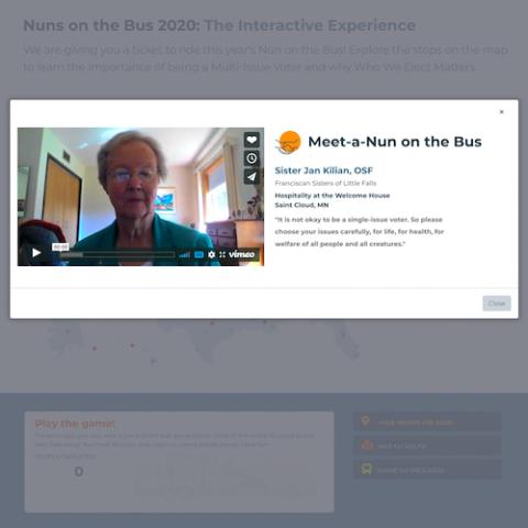 Shot from Network's 2020 virtual Nuns on the Bus tour. Participants can  view prerecorded interviews with women religious on the virtual bus, discussing the importance of multi-issue voting. (Courtesy of Network)