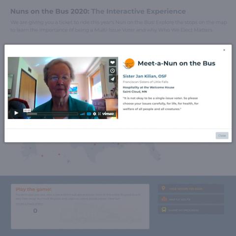 Shot from Network's 2020 virtual Nuns on the Bus tour. Participants can view prerecorded interviews with women religious on the virtual bus, discussing the importance of multi-issue voting. (Courtesy of Network) Shot from Network's 2020 virtual Nuns on the Bus tour. Participants can view prerecorded interviews with women religious on the virtual bus, discussing the importance of multi-issue voting. (Courtesy of Network)