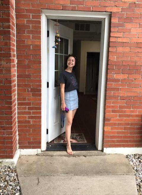 I smile for my mom's camera from the doorway of my apartment when I first moved to Nazareth for my years of service in August 2020. (Courtesy of Judy Gerwe)