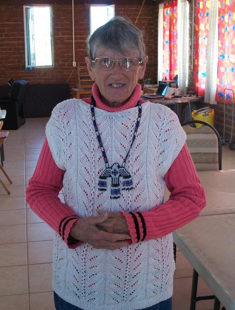 Sr. Frances Smith wears an eagle pendant made by Armando, father to Joel, a Weavers of Hope grant student. This kind of bead work is done by the Huichol people. (Courtesy of Sr. Frances Smith)