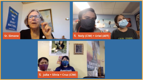 Sr. Simone Campbell of Network, top left, during a virtual Nuns on the Bus visit with the Coalition of Immokalee Workers in Florida (GSR screenshot)