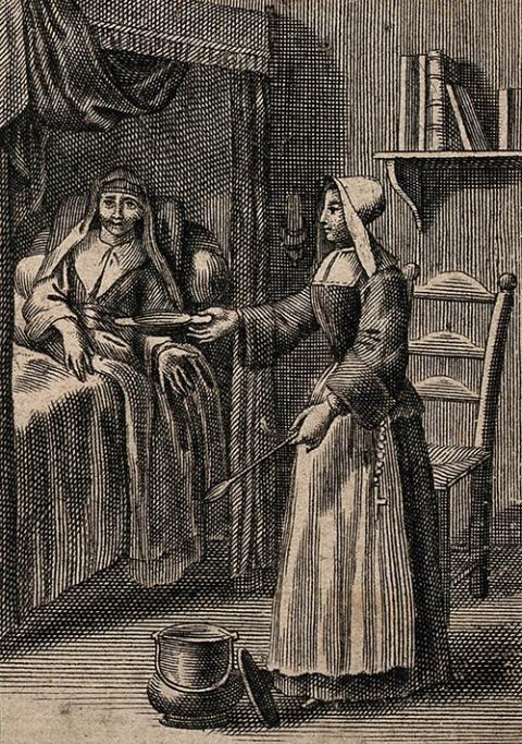 A Sister of Charity feeds a sick patient in a line engraving by Claude Duflos (1665-1727). (Wellcome Collection, CC BY 4.0)