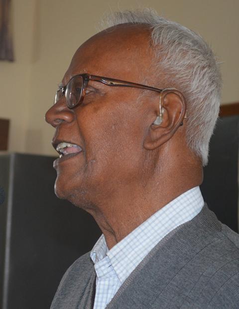 Jesuit Fr. Stan Swamy addresses a 2018 meeting of the Forum of Religious for Justice and Peace, an advocacy group for Catholic priests, brothers and sisters. (Courtesy of Manju Kulapuram)