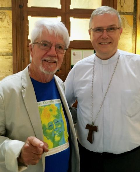 Tom Stang, brother of Sr. Dorothy Stang, left, meets with Bishop Johannes Bernardo Bahlmann, bishop of Óbidos, Pará, Brazil, Oct. 25 in the Santa Maria in Traspontina church in Rome during the Vatican's synod for the Amazon. (Courtesy of Regina Reinart)