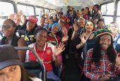 The Pinelands Cluster A3 group on the bus, on the way to their host churches’ prayer and activities during the Taizé Pilgrimage of Trust in Rondebosch, Cape Town, South Africa (Letta Mosue)