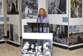 Photographer Lisa Kristine speaks at the July 29, 2019, opening of the "Nuns Healing Hearts" photo exhibition at the United Nations. (CNS/Gregory A. Shemitz)
