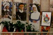 Banners portraying Mother Mary Lange, founder of the Oblate Sisters of Providence, Redemptorist Fr. Louis Gillet and Mother Theresa Maxis Duchemin, founders of the Sisters, Servants of the Immaculate Heart of Mary (IHM Communication Office of Monroe)