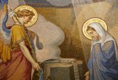 The Annunciation is depicted in an 1896 mosaic by Melchior Doze in the Basilica of Our Lady of the Rosary of Lourdes, France. (Wikimedia Commons/Hammondtravels)