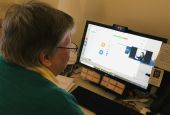 Mercy Sr. Jean Evans at her computer, "distance teaching" (Provided photo)