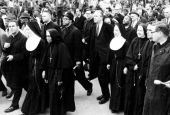 St. Joseph Sr. Rosemary Flanigan, fourth from right, takes part in the 1965 march from Selma to Montgomery, Alabama. (Courtesy of the Center for Practical Bioethics)