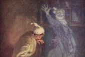 An illustration of Ebenezer Scrooge meeting the ghost of Jacob Marley