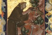 Detail of tempera and gold on parchment "Manuscript Leaf with Scenes from the Life of Saint Francis of Assisi," circa 1320-42, made in Bologna, Italy, for Hungarian use (Metropolitan Museum of Art/Gift of Mr. and Mrs. Edwin L. Weisl Jr., 1994)