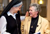 Benedictine Sr. Teresa Forcades, left, talks with Benedictine Sr. Joan Chittister at the Women's Ordination Conference's Oct. 11 event, "Radicals and the Rule," in Washington, D.C. (Women's Ordination Conference / Anna Romanovsky)