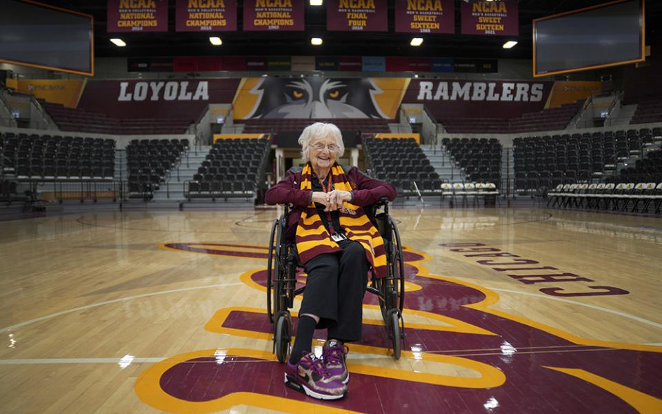 Sr. Jean Dolores Schmidt on the Ramblers' basketball court