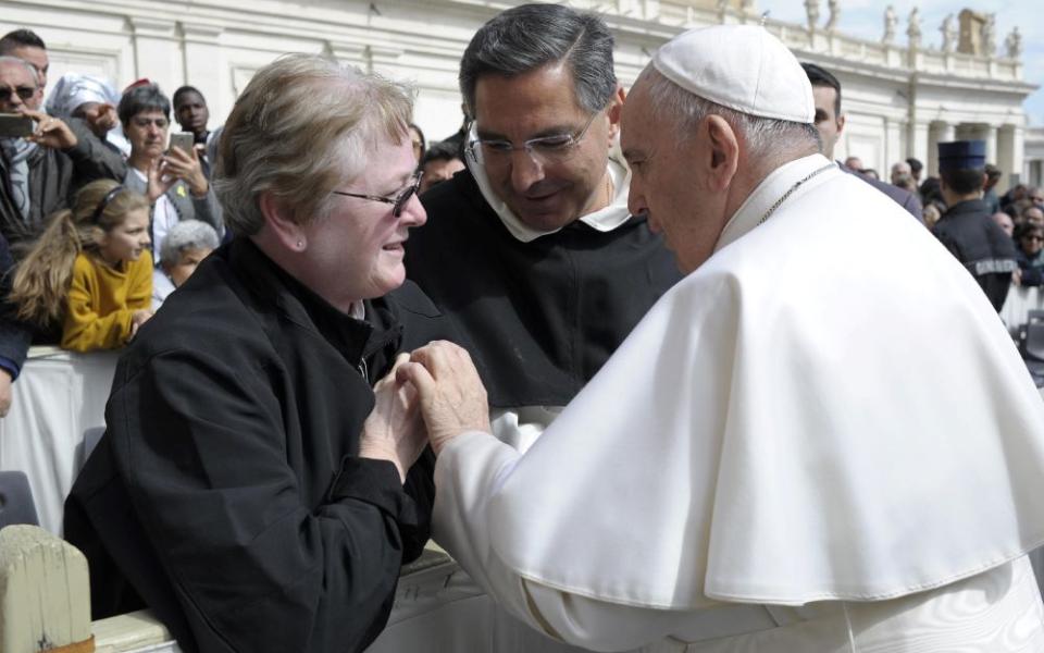 Josephite Sr. Jayne Helmlinger, then president-elect of the Leadership Conference of Women Religious, greets Pope Francis after an audience during the 2019 LCWR visit to Rome. (Courtesy of LCWR)