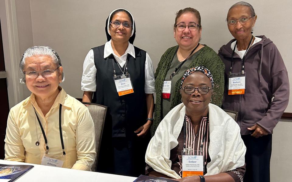 Panelists for the morning session on intercultural leadership at the 2023 Leadership Conference of Women Religious assembly in Dallas: seated, Dominican Sr. Bibiana Colasito and Holy Cross Sr. Esther Adjoa Entsiwah; standing, Franciscan Sr. Jincy Vilayappilly, Missionary Catechist of Divine Providence Sr. Elizabeth Ann Guerrero (facilitator), and Good Shepherd Sr. Barbara Beasley (Courtesy of Annmarie Sanders)