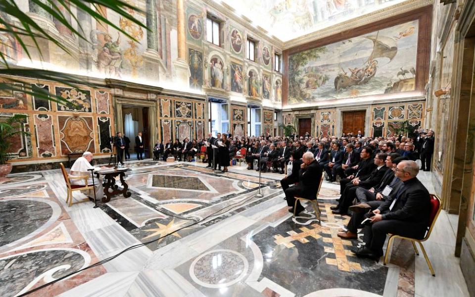 Pope Francis responds to questions from rectors of public and private universities from Latin America and the Caribbean at the Vatican Sept. 21, 2023. The pope told the group his new document on the environment would be titled "Laudate Deum" (Praise God). (CNS photo/Vatican Media)