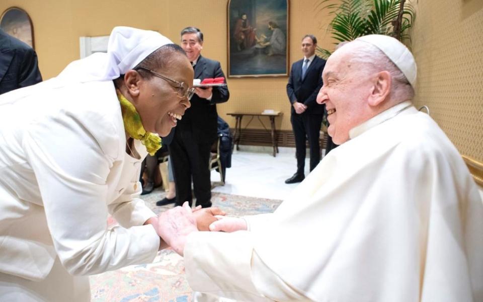 Sr. Jane Wakahiu, a member of the Institute of the Little Sisters of Saint Francis, Kenya, and associate vice president for program operations and head of Catholic Sisters for the Conrad N. Hilton Foundation, meets with Pope Francis at the Vatican in January. (Courtesy of Hilton Foundation)
