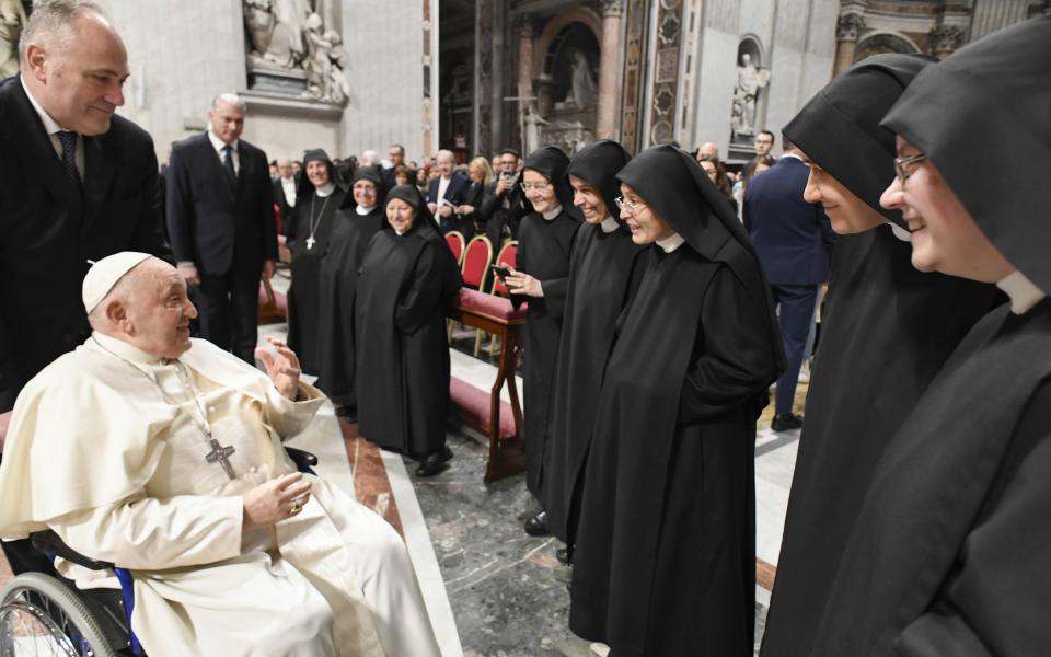 Pope Francis greets Benedictine nuns