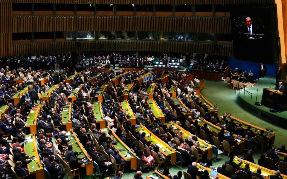 Secretary-General António Guterres speaks during the 80th session of the United Nations General Assembly Sept. 23 at U.N. headquarters in New York City. (AP/Yuki Iwamura)