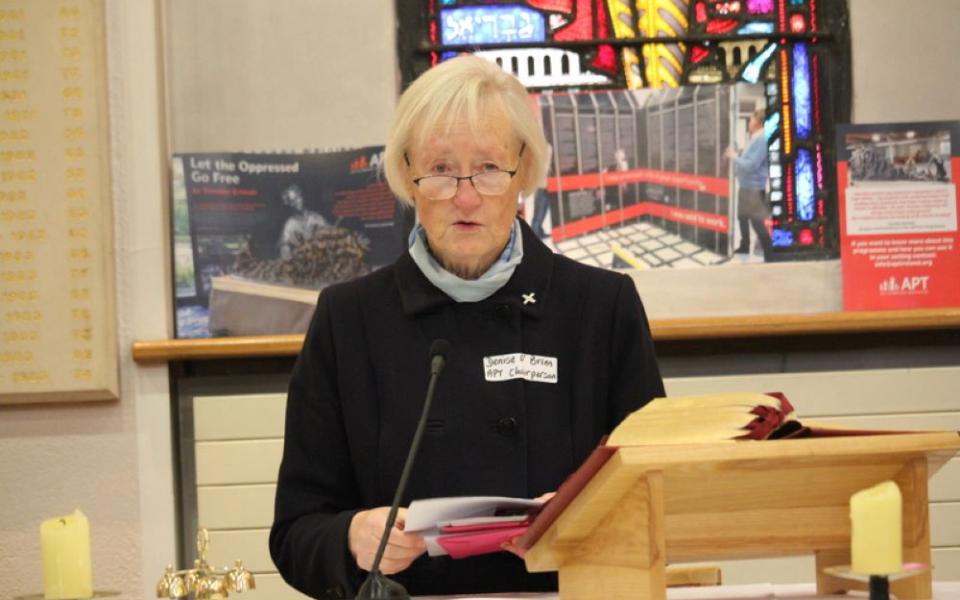Sr. Denise O'Brien, the chairperson of Act to Prevent Trafficking, speaks at a Mass in Kimmage Manor, Dublin. The organization recently marked its 20th anniversary. (Sarah Mac Donald)