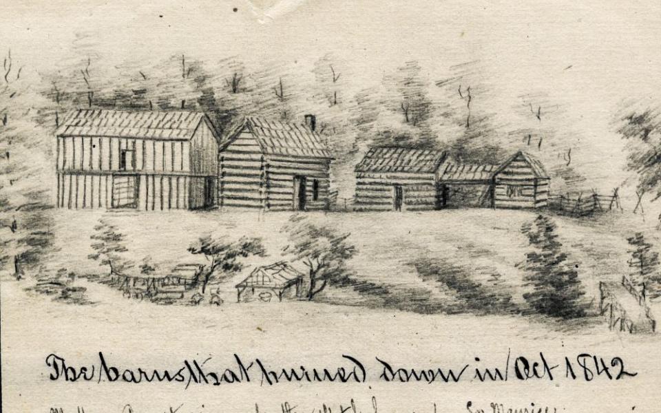 A pencil sketch by Mother Anastasie Brown shows the grounds of the Sisters of Providence of St. Mary-of-the-Woods, Indiana, in 1842. Annotations by Sister Maurice Schnell appear on the sketch, part of a bound book of drawings dated 1842-1889. The community's barn and adjoining house were burned down Oct. 2, 1842. (Wikimedia Commons/Public domain/Archives of the Sisters of Providence of St. Mary-of-the-Woods/Anastasie Brown)