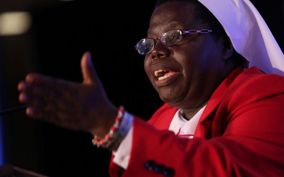 Sr. Rosemary Nyirumbe, a member of the Sisters of the Sacred Heart of Jesus, based in Juba, South Sudan, ministers in Uganda. Here she delivers a keynote address during the 2015 Catholic Media Conference in Buffalo, N.Y. (CNS/Bob Roller)