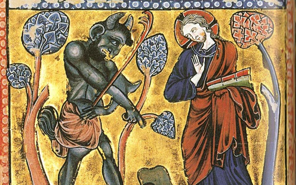 The first temptation of Christ, depicted in a psalter from circa 1222 (Wikimedia Commons)