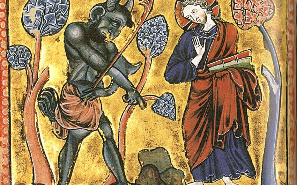 The first temptation of Christ, depicted in a psalter from circa 1222 (Wikimedia Commons)