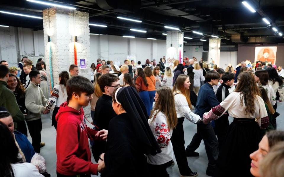 Ukrainian youth participate on Feb. 8 in a national dance during a vechornytsi social gathering in Zaporizhzhia, Ukraine. (Courtesy of Anhelina Yaroshenko) 