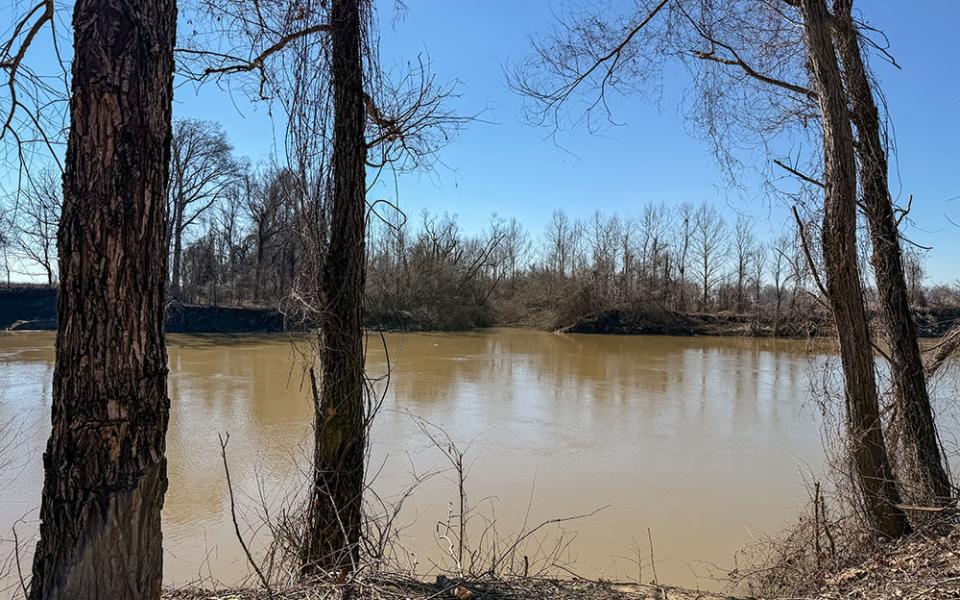 The Tallahatchie River flows near Glendora, Mississippi, where the body of 14-year-old Emmett Till was recovered in 1955 after he was kidnapped and murdered. The site is seen Feb. 7, 2026. (Laura Nettles)